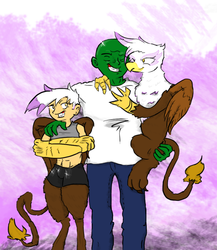 Size: 816x939 | Tagged: safe, artist:vinny, gilda, oc, oc:alex, oc:anon, griffon, human, satyr, g4, anonymous, daughter, family, family photo, father, interspecies, mother, offspring, parent:gilda