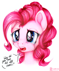 Size: 2475x2992 | Tagged: dead source, safe, artist:vird-gi, pinkie pie, g4, crying, dialogue, female, high res, simple background, solo, traditional art, white background