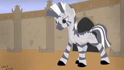 Size: 1366x768 | Tagged: safe, artist:bis'9, oc, oc only, oc:xenith, zebra, fallout equestria, fanfic, fanfic art, female, mare, solo, zebra oc