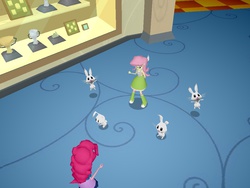 Size: 1024x768 | Tagged: safe, fluttershy, pinkie pie, rabbit, equestria girls, equestria girls (app), g4, dancing, mobile game, official app, wat