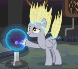 Size: 503x444 | Tagged: safe, screencap, derpy hooves, pegasus, pony, g4, season 5, slice of life (episode), alternate hairstyle, animated, cute, derpabetes, derpy being derpy, electricity, female, grin, loop, loose hair, mare, perfect loop, photoshop, plasma ball, raised hoof, shock, smiling, solo, squee