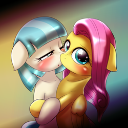 Size: 1000x1000 | Tagged: safe, artist:ushiro no kukan, coco pommel, fluttershy, g4, bedroom eyes, blushing, cocoshy, female, lesbian, missing accessory, nudity, shipping