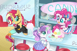 Size: 3150x2100 | Tagged: safe, artist:dreamscapevalley, pinkie pie, sunset shimmer, sweetie belle, earth pony, pony, unicorn, equestria girls, g4, alternate hairstyle, clothes, dress, equestria girls outfit, equestria girls ponified, gala dress, high res, ponified, ponytail