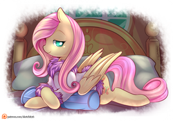 Size: 850x593 | Tagged: safe, artist:ende26, fluttershy, pegasus, pony, g4, bathrobe, clothes, female, looking at you, patreon, prone, robe, smiling, solo