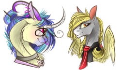 Size: 1280x741 | Tagged: safe, artist:thepoisonjackal, derpy hooves, dj pon-3, vinyl scratch, pegasus, pony, unicorn, g4, braid, clothes, curved horn, duo, ear piercing, earring, female, glasses, horn, jewelry, mare, multiple horns, necktie, nose horn, nose piercing, nose ring, piercing, shirt, simple background, white background