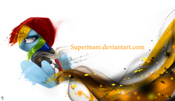 Size: 2800x1627 | Tagged: safe, artist:supermare, rainbow dash, g4, beanie, clothes, crossover, delsin rowe, female, hat, infamous, infamous second son, smoke, solo