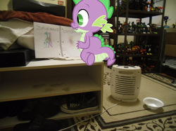 Size: 639x478 | Tagged: safe, artist:eli-j-brony, artist:exbibyte, spike, g4, bedroom, drawing, humidifier, irl, lined paper, photo, ponies in real life, shelf, solo, toy, vector