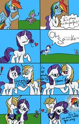 Size: 1920x3000 | Tagged: safe, artist:yourfavoritelove, prince blueblood, rainbow dash, rarity, spike, comic:prank gone wrong, g4, blank flank, clothes, comic, costume, disguise, female, heart, male, masking, pony costume, pony to pony, ponysuit, prank, prank fail, prank gone wrong, rarity suit, ship:bluedash, ship:sparity, shipping, straight