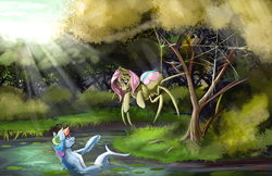 Size: 1500x971 | Tagged: safe, artist:blindcoyote, fluttershy, rainbow dash, drider, monster pony, original species, siren, spiderpony, comic:children of everfree, g4, alternate universe, crepuscular rays, forest, looking at each other, pond, river, sirendash, species swap, spidershy, water