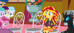 Size: 962x427 | Tagged: safe, edit, edited screencap, screencap, aura (g4), boysenberry, cotton cloudy, first base, kevin, ruby pinch, sunset shimmer, changeling, equestria girls, g4, slice of life (episode), animated, bopping shimmer, chair, cute, shimmerbetes, sitting