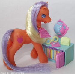 Size: 805x800 | Tagged: safe, bright bramley, earth pony, pony, g2, apple, book, butt, food, glasses, irl, photo, plot, real life background, smiling, solo, toy