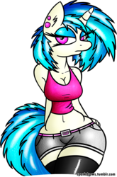 Size: 700x1059 | Tagged: safe, artist:sparkdraws, dj pon-3, vinyl scratch, anthro, g4, belly button, breasts, busty vinyl scratch, cleavage, clothes, ear piercing, female, piercing, shorts, simple background, socks, tank top, transparent background, unamused, wide hips