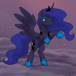 Size: 1500x1500 | Tagged: safe, artist:kp-shadowsquirrel, princess luna, alicorn, pony, g4, bedroom eyes, cloud, cloudy, female, frown, mare, rearing, sky, solo, spread wings