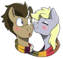 Size: 907x840 | Tagged: safe, artist:itsaaudraw, derpy hooves, doctor whooves, time turner, earth pony, pony, g4, slice of life (episode), blushing, clothes, fourth doctor's scarf, like a million bits, male, scarf, scene interpretation, shared clothing, shared scarf, ship:doctorderpy, shipping, simple background, stallion, straight, striped scarf, transparent background