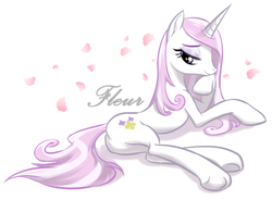 Size: 830x612 | Tagged: safe, artist:ta-na, fleur-de-lis, pony, unicorn, g4, concave belly, female, flower petals, looking back, looking down, mare, miss fleur is trying to seduce us, prone, skunk stripe, slender, smiling, solo, thin, underhoof