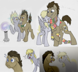 Size: 1280x1189 | Tagged: safe, artist:bibmob, derpy hooves, doctor whooves, time turner, earth pony, pony, g4, slice of life (episode), clothes, female, floppy ears, fourth doctor's scarf, hug, male, mare, scarf, scene interpretation, stallion, striped scarf, sweat
