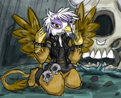Size: 1024x833 | Tagged: safe, artist:flutterthrash, gilda, griffon, anthro, g4, clothes, devil horn (gesture), heavy metal, leather, leather vest, looking at you, metal, metal as fuck, metalhead, skull, solo, spiked wristband, vest, wristband