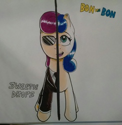 Size: 1085x1112 | Tagged: safe, artist:drbdnv, bon bon, sweetie drops, g4, slice of life (episode), bon bond, duality, female, secret agent sweetie drops, solo, sunglasses, traditional art