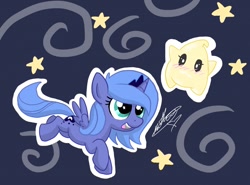 Size: 1280x949 | Tagged: safe, artist:velocityraptor, princess luna, alicorn, luma, pony, g4, blushing, crossover, cute, filly, flying, open mouth, simple background, smiling, starry eyes, stars, super mario bros., super mario galaxy, wingding eyes, woona