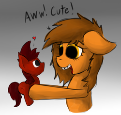 Size: 1280x1213 | Tagged: safe, artist:marsminer, oc, oc only, oc:mars miner, oc:venus spring, earth pony, pony, unicorn, braces, female, floppy ears, heart, holding a pony, horn, living doll, living object, male, mare, marspring, open mouth, plushie, short horn, smiling, stallion, venus spring actually having a pretty good time