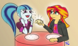 Size: 1000x600 | Tagged: safe, artist:tunderi, sonata dusk, sunset shimmer, equestria girls, g4, crying, duo, female, lesbian, ship:sunata, shipping, sonataco, tears of joy, that girl sure loves tacos, that siren sure does love tacos