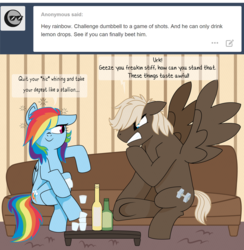 Size: 1280x1313 | Tagged: safe, artist:dbkit, dumbbell, rainbow dash, pegasus, pony, g4, ask, backwards cutie mark, bottle, couch, drunk, drunker dash, duo, sitting, tipsy, tumblr