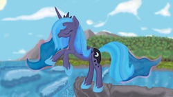 Size: 1191x670 | Tagged: safe, artist:vaser888, princess luna, g4, eyes closed, female, rearing, s1 luna, solo, sun