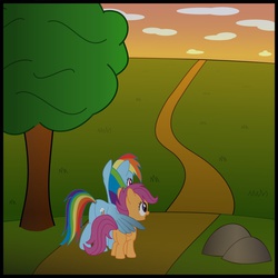 Size: 893x894 | Tagged: safe, artist:vaser888, rainbow dash, scootaloo, pegasus, pony, g4, butt, female, filly, hug, mare, plot, tree, winghug, wings