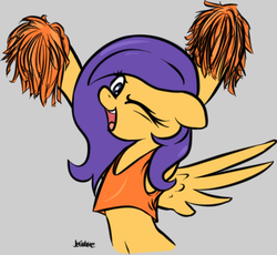 Size: 791x729 | Tagged: safe, artist:jetwave, oc, oc only, oc:sunfall, pegasus, pony, semi-anthro, fallout equestria, /foe/, armpits, belly button, bipedal, cheerleader, clothes, cute, happy, midriff, one eye closed, shirt, solo, tank top, wink