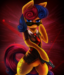 Size: 1200x1400 | Tagged: safe, artist:aschenstern, bon bon, sweetie drops, earth pony, semi-anthro, g4, slice of life (episode), arm hooves, bon bond, bottomless, clothes, female, gun, secret agent sweetie drops, solo, sunglasses