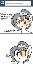 Size: 916x1749 | Tagged: safe, artist:tjpones, oc, oc only, oc:brownie bun, pony, horse wife, ask, contact lens, cute, evil smile, fail, monochrome, solo, tumblr, x wasn't discord all along