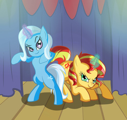 Size: 1280x1208 | Tagged: safe, artist:itsnotdaijoubu, sunset shimmer, trixie, pony, unicorn, g4, stage