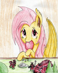 Size: 2376x2995 | Tagged: safe, artist:40kponyguy, derpibooru exclusive, fluttershy, bat pony, pony, g4, apple, assault cannon, blood angels, bolter, colored pencil drawing, dice, female, figurine, flutterbat, gaming miniature, high res, looking at you, mare, miniature, plasma pistol, power sword, predator tank, solo, space marine, tank (vehicle), traditional art, twin-linked, warhammer (game), warhammer 40k