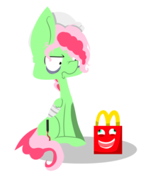 Size: 3061x3540 | Tagged: safe, artist:lizziepotatopad, oc, oc only, oc:lizzie, abomination, happy (mcdonald's), happy (mcdonalds), high res, looking at you, mcdonald's, smiling, staring into your soul, wat