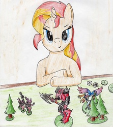 Size: 2454x2766 | Tagged: safe, artist:40kponyguy, derpibooru exclusive, sunset shimmer, pony, unicorn, g4, bloodthirster, chaos daemons, dice, female, figurine, gaming miniature, high res, looking at you, lord of change, miniature, solo, traditional art, warhammer (game), warhammer 40k