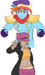 Size: 858x1440 | Tagged: safe, artist:eve-ashgrove, rainbow dash, scootaloo, human, g4, belly button, crossover, humanized, jojo's bizarre adventure, jotaro kujo, stand, star platinum, the hair is the hat