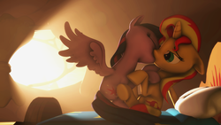 Size: 3840x2160 | Tagged: dead source, safe, artist:goldenlogik, sunset shimmer, twilight sparkle, alicorn, pony, unicorn, g4, 3d, bedroom eyes, embrace, eyes closed, female, floppy ears, high res, kissing, lesbian, making out, mare, ship:sunsetsparkle, shipping, source filmmaker, spread wings, sunlight, twilight sparkle (alicorn), window, wingboner