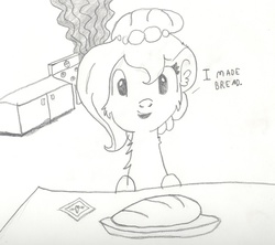 Size: 5292x4697 | Tagged: safe, artist:barryfrommars, oc, oc only, oc:brownie bun, absurd resolution, bread, milestone, monochrome, oven, oven mitt, pencil drawing, sketch, smoke, solo, stove, table, traditional art