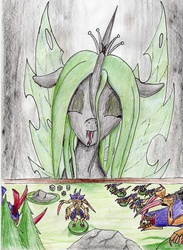 Size: 2460x3353 | Tagged: safe, artist:40kponyguy, derpibooru exclusive, queen chrysalis, g4, crown, dice, eyes closed, female, figurine, forked tongue, gaming miniature, high res, hormagaunt, jewelry, miniature, regalia, scythed heirodule, solo, swarm lord, tongue out, traditional art, tyranid warrior, tyranids, warhammer (game), warhammer 40k