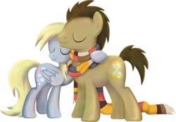 Size: 800x555 | Tagged: safe, artist:kaizerin, derpy hooves, doctor whooves, time turner, earth pony, pony, g4, slice of life (episode), clothes, female, hug, male, mare, scarf, stallion