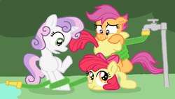 Size: 1104x628 | Tagged: artist needed, source needed, safe, apple bloom, scootaloo, sweetie belle, earth pony, pegasus, pony, unicorn, g4, cutie mark crusaders, faceful of ass, female, filly, hose, ship:scootabloom, shipping, tied up, wide eyes