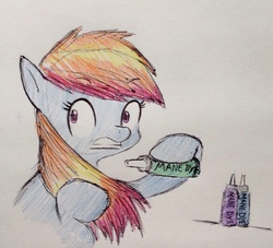 Size: 960x870 | Tagged: safe, artist:sketchrandom, rainbow dash, pony, g4, caught, colored pencil drawing, female, hair dye, mare, rainbow-less dash, solo, traditional art