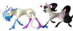 Size: 1280x541 | Tagged: safe, artist:thepoisonjackal, dj pon-3, octavia melody, vinyl scratch, classical unicorn, earth pony, pony, unicorn, g4, bow, bowtie, cloven hooves, curved horn, duo, ear piercing, hair bow, heart, horn, leonine tail, multiple horns, nose horn, nose ring, personality swap, piercing, ponytail, tail bow, unshorn fetlocks