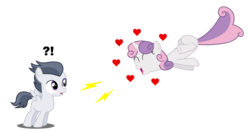 Size: 3576x1888 | Tagged: safe, artist:lunaticdawn, rumble, sweetie belle, g4, chick magnet, confused, female, male, rumble gets all the fillies, ship:rumbelle, shipping, straight