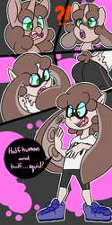 Size: 500x1000 | Tagged: safe, artist:koportable, oc, oc only, human, inkling, squid, unicorn, comic, dialogue, fangs, nintendo, pony to human, rule 63, solo, speech bubble, splatoon, transformation, transgender transformation, video game