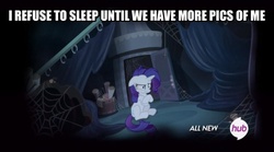 Size: 926x516 | Tagged: safe, screencap, rarity, for whom the sweetie belle toils, g4, bronybait, hub logo, image macro, meme, solo, text