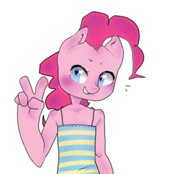 Size: 1600x1600 | Tagged: safe, artist:oouichi, pinkie pie, earth pony, anthro, g4, female, peace, peace sign, solo