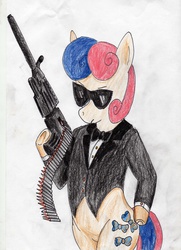 Size: 2502x3456 | Tagged: safe, artist:40kponyguy, derpibooru exclusive, bon bon, sweetie drops, earth pony, pony, g4, bipedal, clothes, female, high res, machine gun, secret agent sweetie drops, solo, sunglasses, traditional art, tuxedo