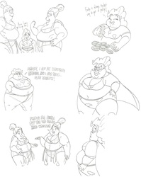 Size: 3560x4464 | Tagged: safe, artist:catstuxedo, applejack, pinkie pie, rainbow dash, human, g4, fat, fudge, heavy voice, humanized, luchador, monochrome, obese, piggy pie, pudgy pie, sumo, topknot, weight gain