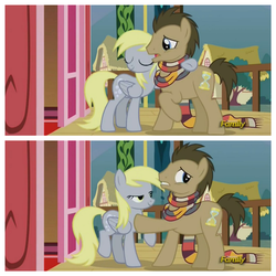 Size: 1936x1936 | Tagged: safe, screencap, derpy hooves, doctor whooves, time turner, pony, g4, slice of life (episode), clothes, fourth doctor's scarf, male, mid-blink screencap, out of context, scarf, stallion, striped scarf